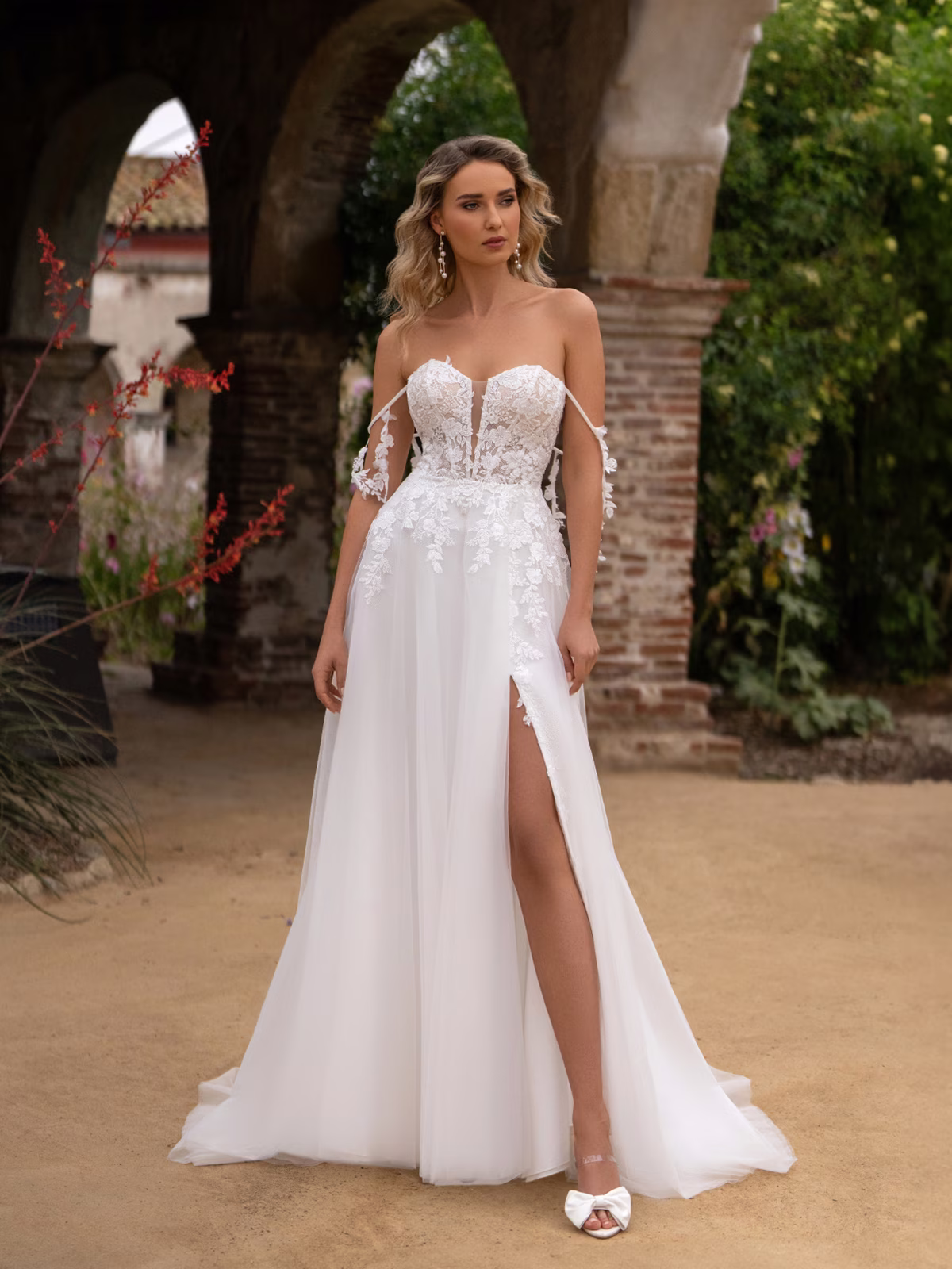 Style T167 A-line Beach Wedding Dress With Botanical Lace Appliques